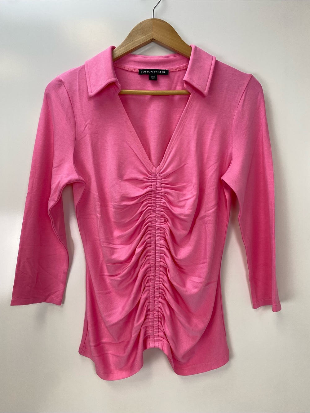 Boston Proper Hot Pink Ruched V-Neck Collared Top